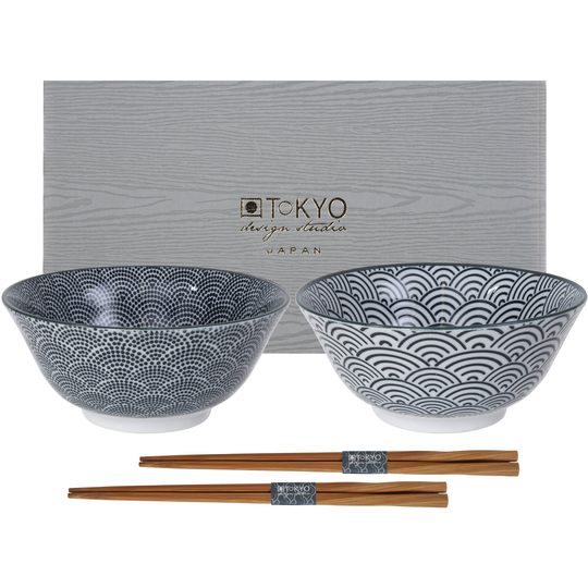 Tokyo Design Studio Nippon Black kulhosetti + syömäpuikot, pisteitä/viivoja