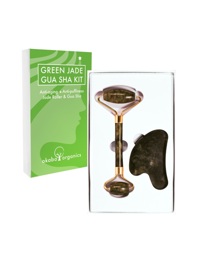 Green jade gua sha kit - gua sha -lasta ja kasvorullasetti